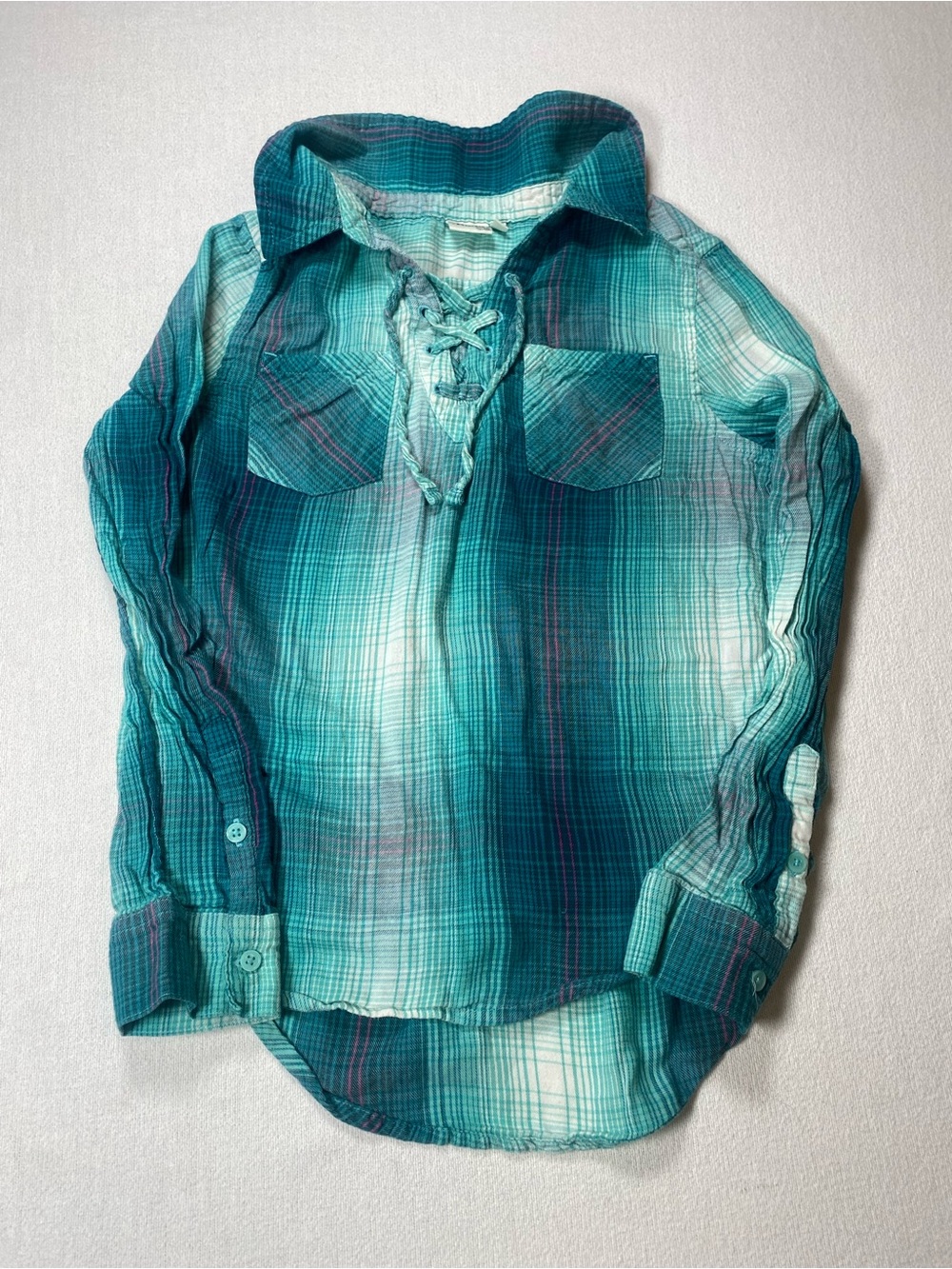 Mudd Teal Plaid Shirt with Pink Stripe Detail